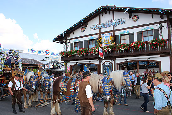 am frühen Nachmittag kommt auch das Brauereigespann vorbei im Oktoberfestzelt "Zum Stiftl" (©Foto: Martin Schmitz)
